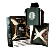 BewolKx 30K 20mg Flavour Pod kit in Arabaccino flavor, featuring a dark green pod device, its black retail box with a nicotine warning label, and a black refill pouch with a gold X logo.