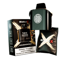 Bewolx X 12K 50mg Flavour Pod kit in Arabaccino flavor, featuring a dark green pod device, its retail box, and a black flavoring pouch with a gold X logo on a white background.