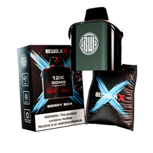Bewolk X 30K 20MG Flavour Pro disposable vape device in Berry Box flavor, shown with its retail packaging box and a carrying pouch on a white background.