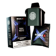 Bewolk X 30K 20mg Flavour Pro disposable vape device in Blackened Berry flavor, shown with its retail packaging box and a black carrying pouch on a white background.