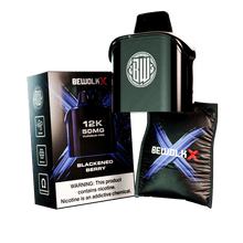 Bewolk X 30K 20mg Flavour Pro disposable vape device in Blackened Berry flavor, shown with its retail packaging box and a black carrying pouch on a white background.