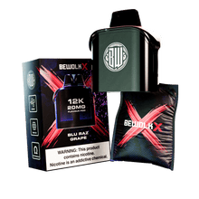 Bewolk X 30K 20MG Flavour Pod in Blu Razz Grape, shown with its retail packaging box, a dark green pod container, and a black refill pouch with a red X logo on a white background.