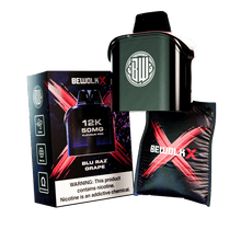 Bewolk X 30K 20MG Flavour Pod in Blu Razz Grape, shown with its retail packaging box, a dark green pod container, and a black refill pouch with a red X logo on a white background.