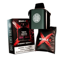 Bewolk X 30K 20MG Flavour Pod kit in Cherry Berry, featuring a black pod device, its retail packaging box, and a black refill pouch with a red X logo, all on a white background.