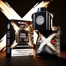 A BEWOLKY X ARABACCINO 12K 20MG disposable vape device with its retail box and a flavor packet, displayed against a dark background with dramatic golden light streaks.