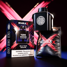 A BEWOLK X disposable vape device in 'Blü Raz Grape' flavor, shown next to its retail packaging box. The device is matte black with a circular 'BX' logo on the top, and the packaging features a matching black and red design with a prominent warning label.