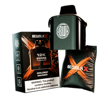 Bewolk X 30K 50MG Golden Mango Flavour Pod kit, including the pod device, its retail packaging box, and a branded replacement filter pouch, shown on a white background.