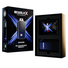 BewolKx Pod System Kit in Blackened Berry flavor, shown with its retail box on the left and the product inside its custom black presentation box on the right.
