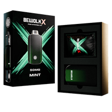 BewolKX Pod System Kit in mint green, shown with its retail box on the left and the open packaging containing the pod device and accessories on the right, against a white background.
