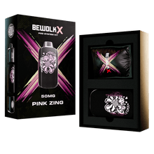 Bewolks X Pod System Kit in Pink Zing flavor, showing the retail box on the left and the opened presentation box with two vape pods on the right, against a white background.