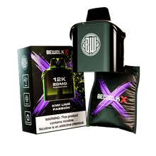 Bewolk X 30K 20MG Flavour Pod kit in Kiwi Lime Passion, featuring a dark green pod, a matching black packaging box, and a black refill pouch with purple and red branding, set against a plain white background.