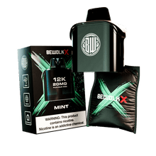 BewolX X 30K 20mg Flavour Pod vape device, its retail packaging box, and a mint green replacement mouthpiece pouch on a solid white background.