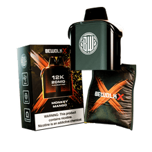 Bewolk X 30K 20MG Flavour Pro disposable vape device in Monkey Mango flavor, shown with its retail packaging box and a matching black carrying pouch on a white background.