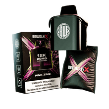 BewolKx 30K 20mg Flavour Pro Pink Zing disposable vape kit, including the dark green vape device, its black retail box, and a black flavor pod packet on a white background.