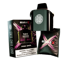 BewolKx 30K 20mg Flavour Pro Pink Zing disposable vape kit, including the dark green vape device, its black retail box, and a black flavor pod packet on a white background.