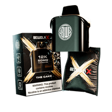 BewolX X The Cake 30K 20mg Flavour Pod kit, featuring a dark green pod device, its retail packaging box, and a branded flavor pod pouch on a white background.